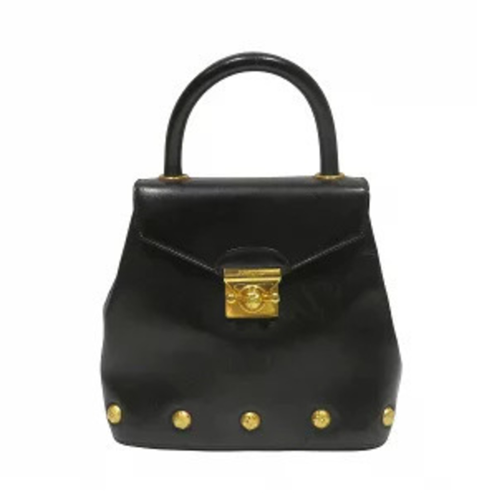 Salvatore Ferragamo black calfskin top handle bag heel motif studs